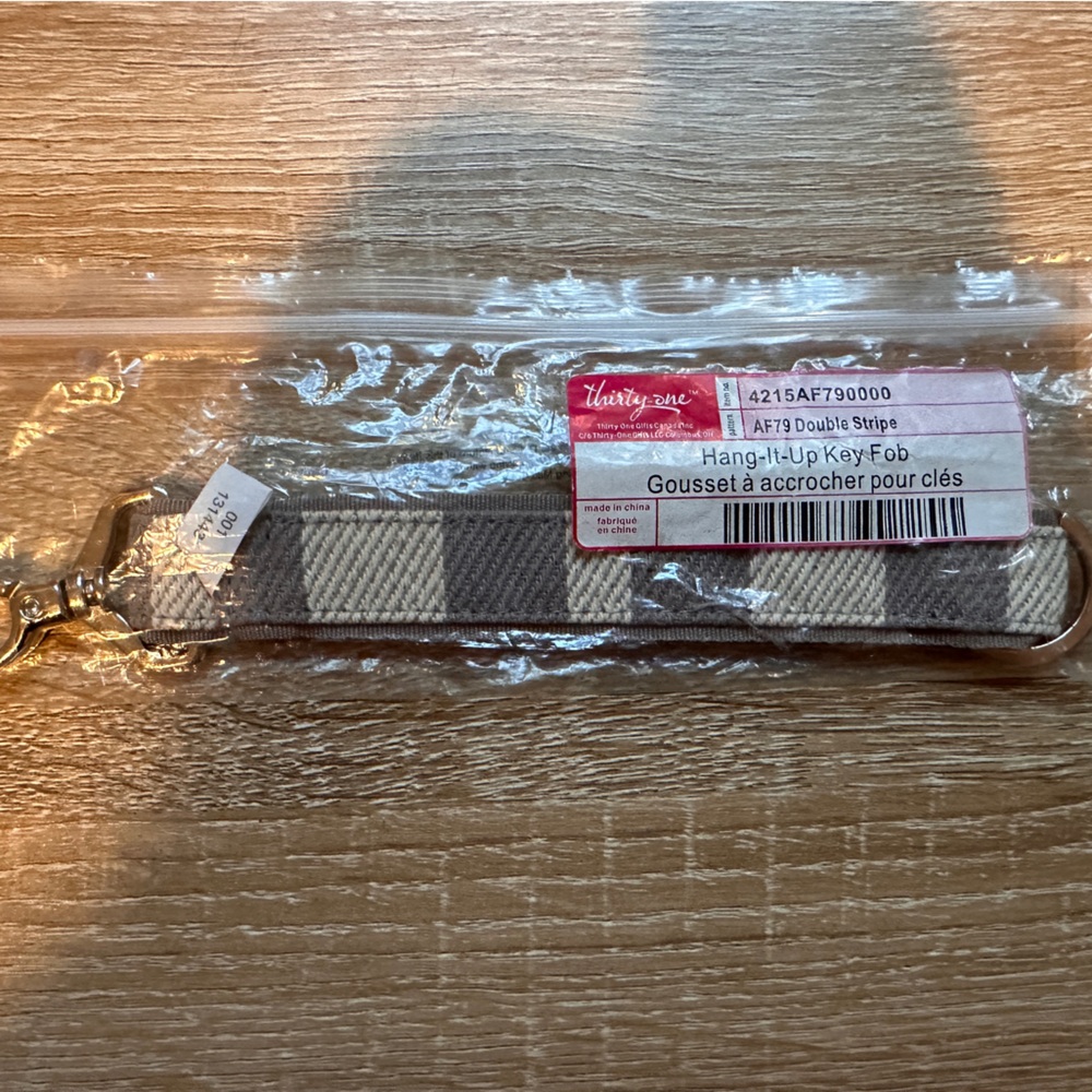 NWT Thirty One Double Stripe Gray and Cream Hang It Up Key Fob Keychain